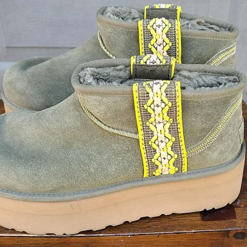 UGG Platform Tsman Braid Ultra Mini Suede shearling Lined Boots size 10 in Olive